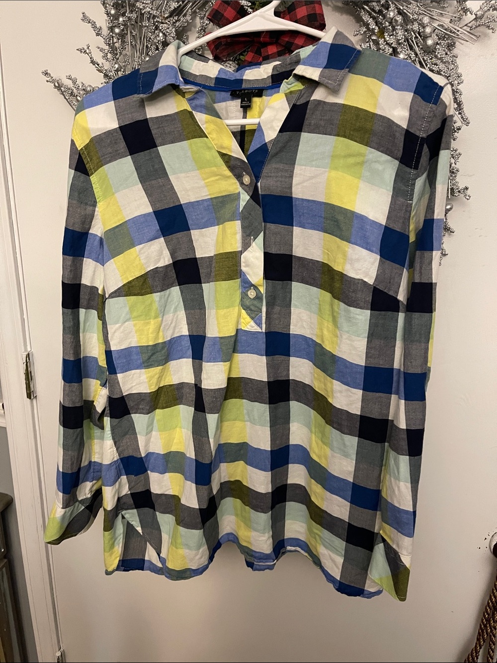 Talbots Blue, Yellow & White Plaid Button-Front Blouse